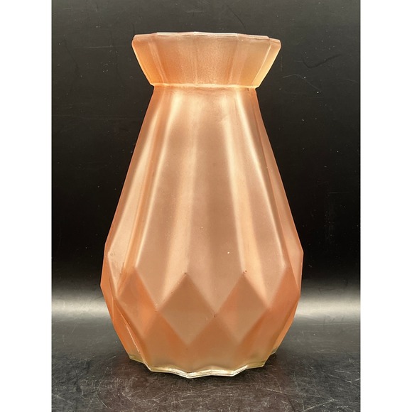 Other - Vtg Frosted Pink Peach Diamond Cut Glass Vase Art Deco Style 6" Teardrop Shape